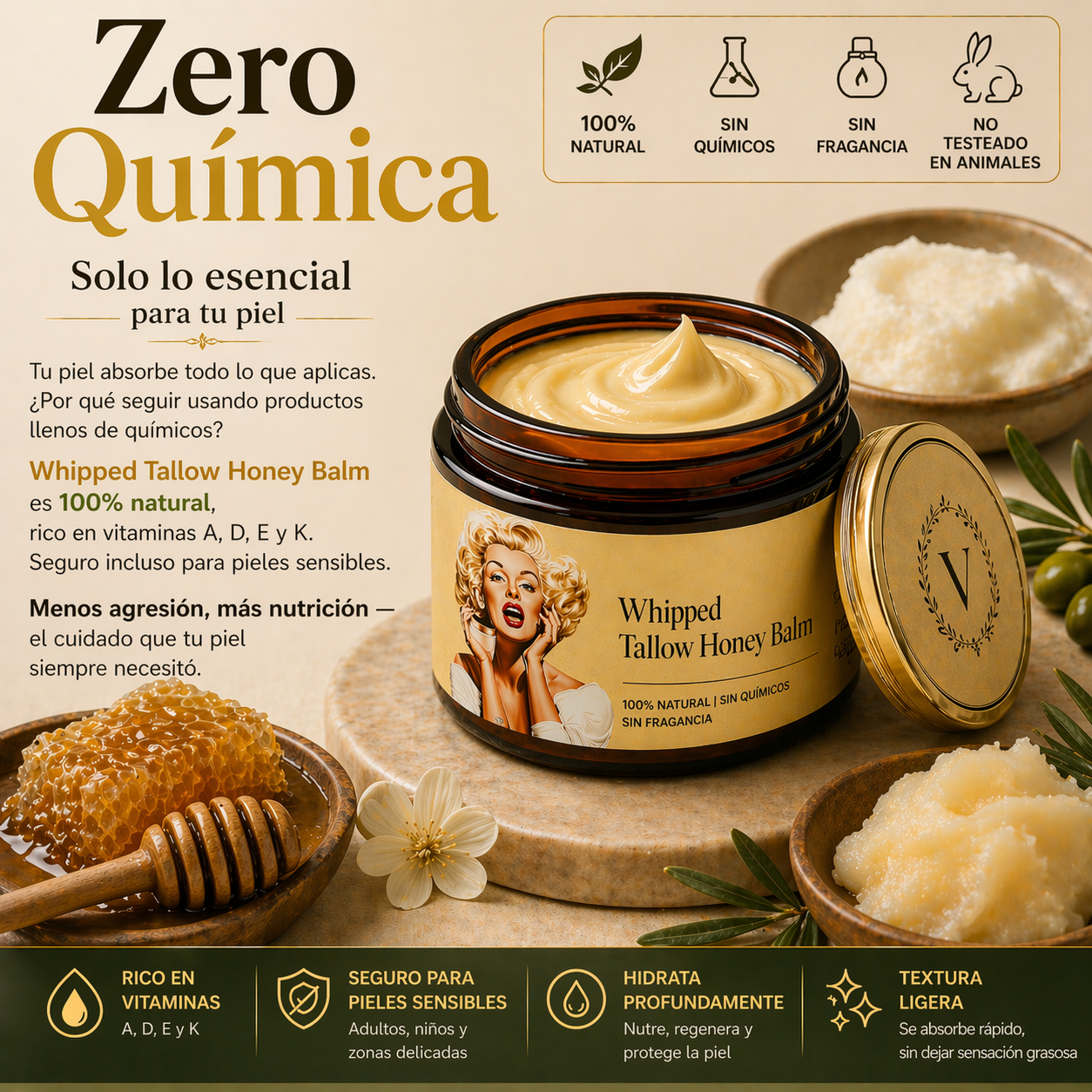 Crema de sebo bovino - bálsamo de sebo con miel - recipiente de plástico