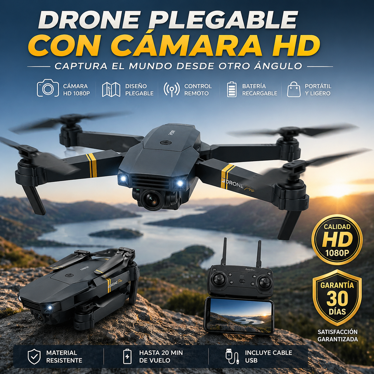 Drone dobrável com câmera HD e controle remoto