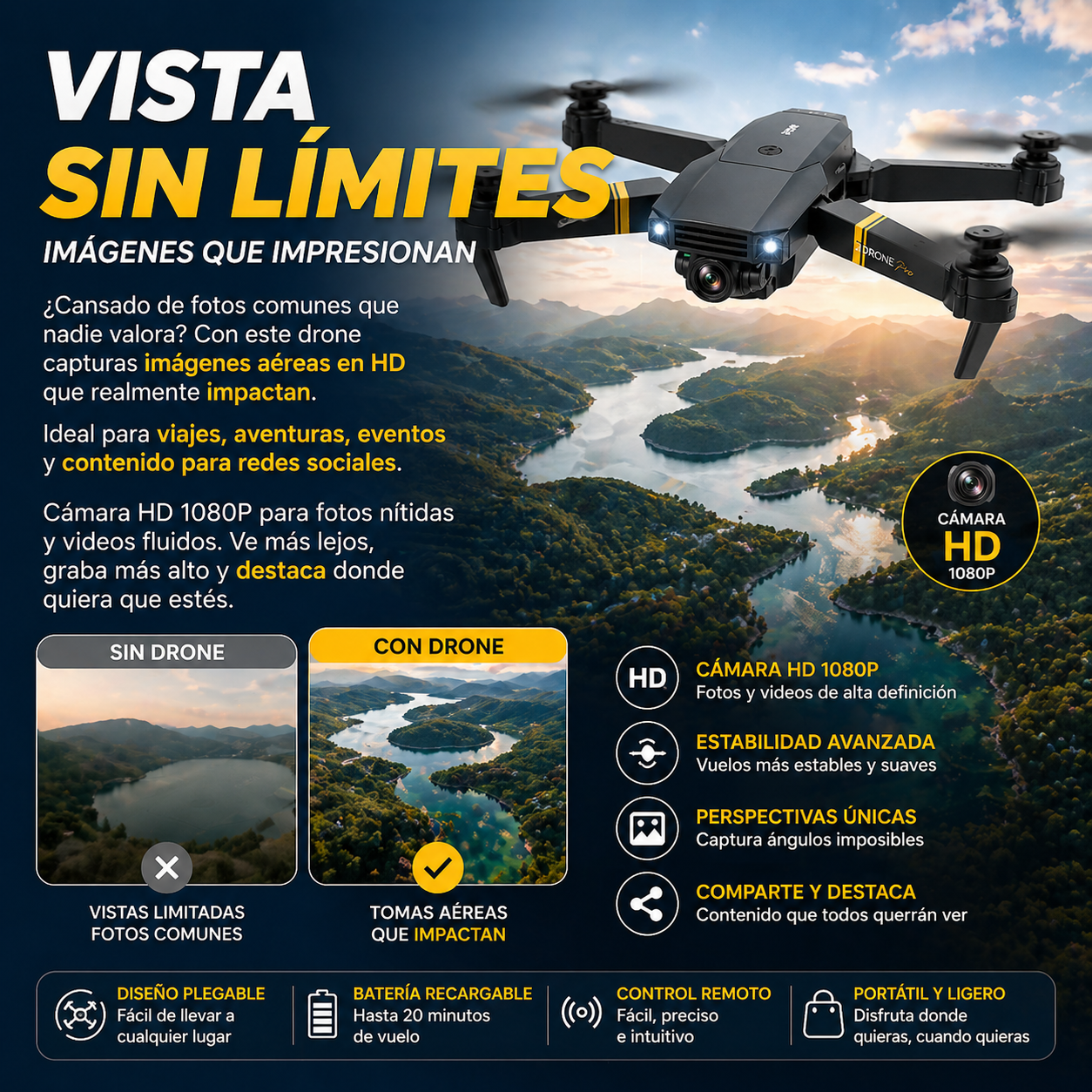 Drone dobrável com câmera HD e controle remoto