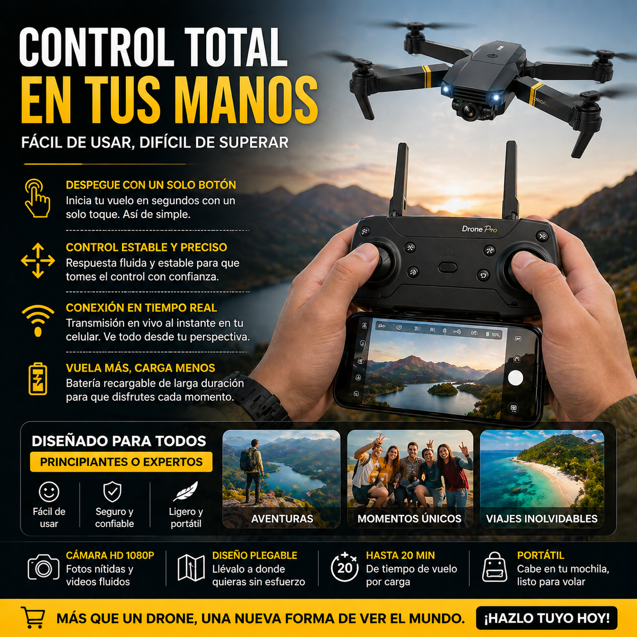 Drone dobrável com câmera HD e controle remoto
