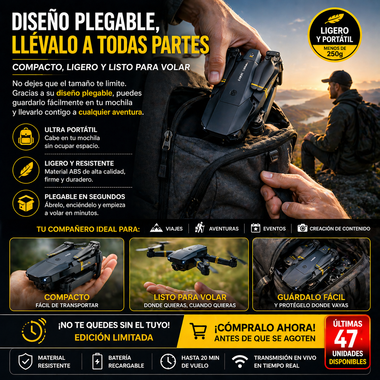 Drone dobrável com câmera HD e controle remoto