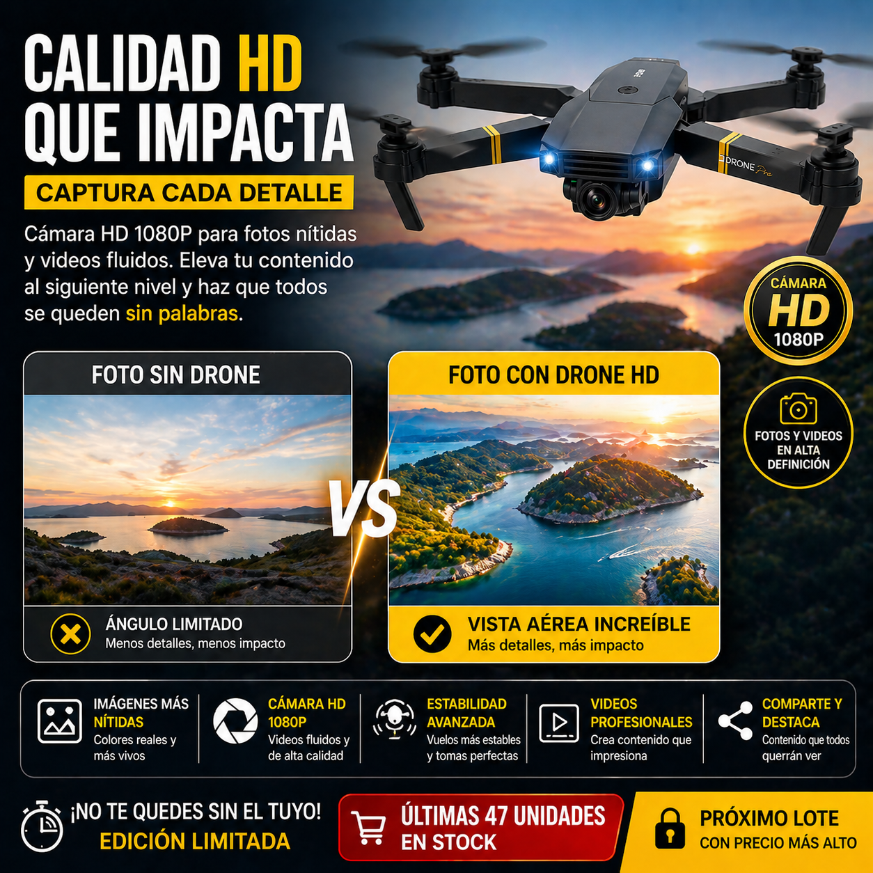 Drone dobrável com câmera HD e controle remoto