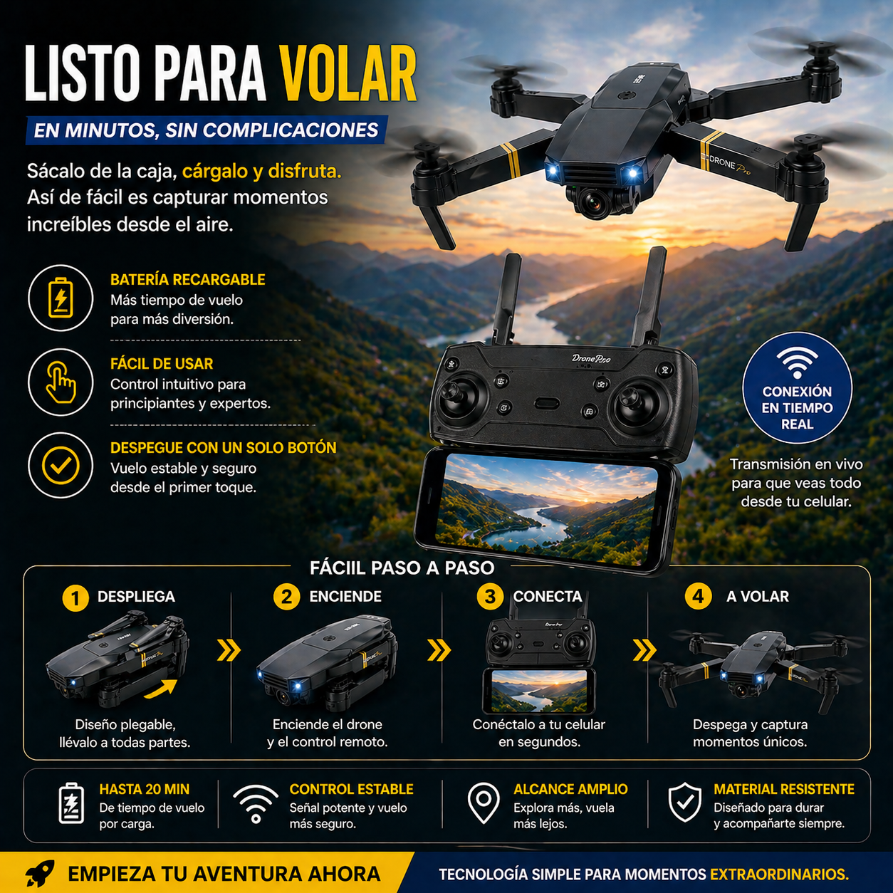 Drone dobrável com câmera HD e controle remoto