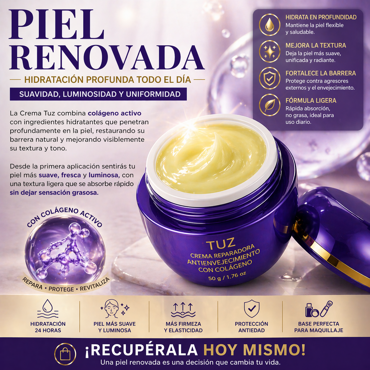 Crema Reparadora Antienvejecimiento con Colágeno 50 g Tuz