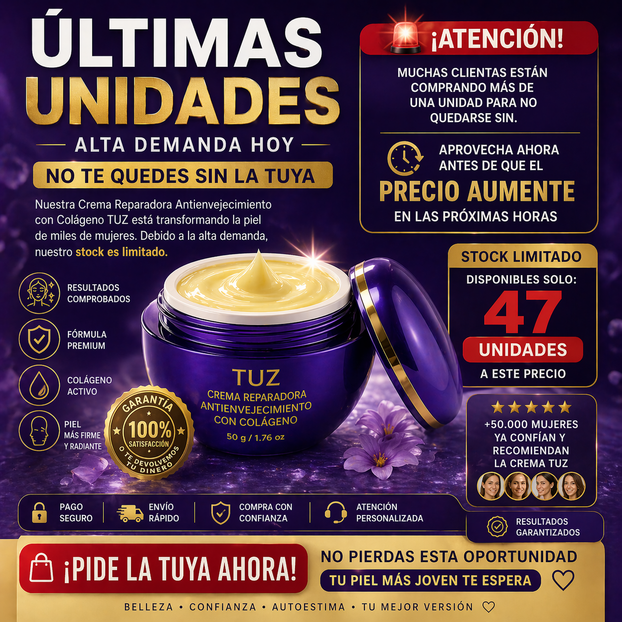 Crema Reparadora Antienvejecimiento con Colágeno 50 g Tuz