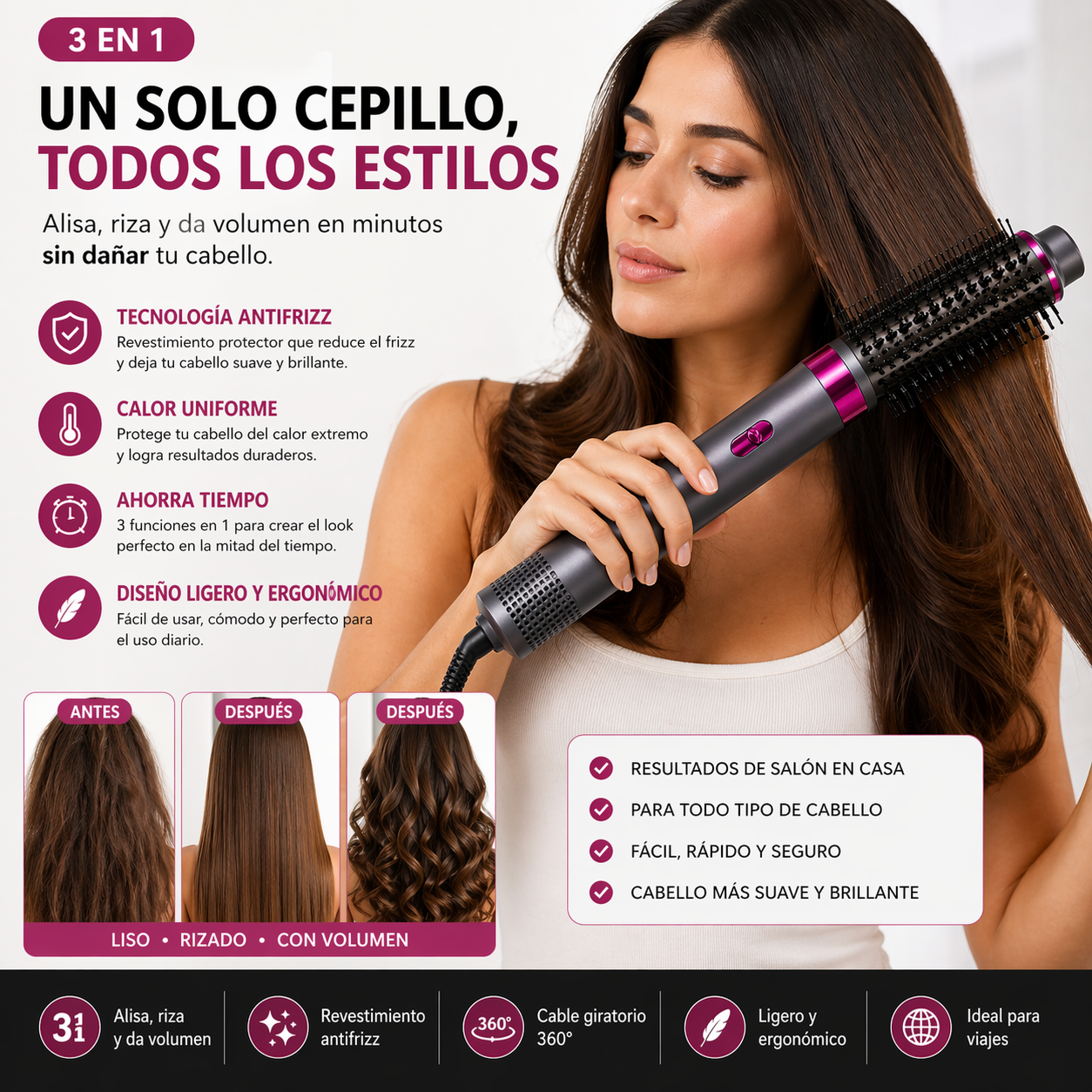 Escova de cabelo elétrica multifuncional 3 em 1 REMGINTON