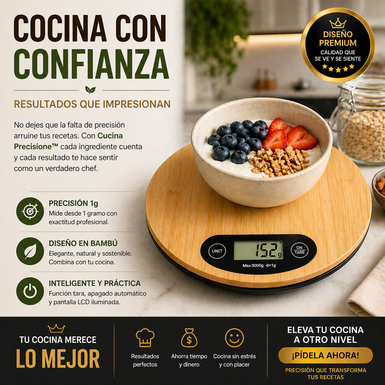 Báscula de cocina digital de bambú