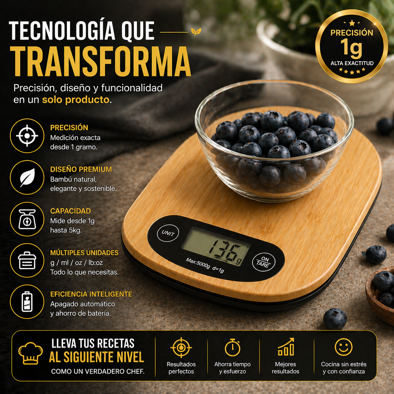 Báscula de cocina digital de bambú